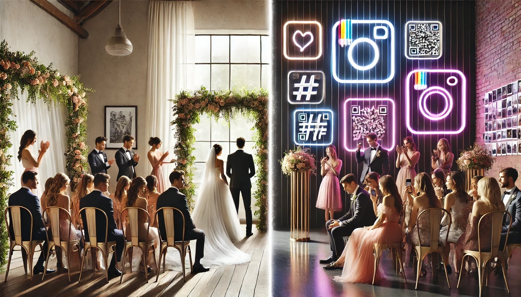 Split-scene wedding with one half showing a serene unplugged ceremony, the other filled with neon signs, Instagram icons, and guests capturing the reception on their phones.