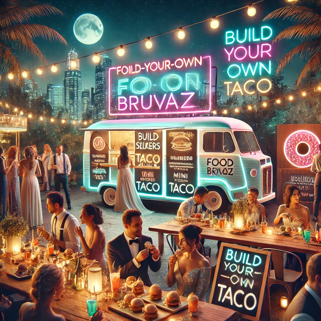 Vibrant nighttime wedding feast with a neon-lit food truck, build-your-own taco bar, mini sliders, and guests enjoying gourmet street food under hanging lights.