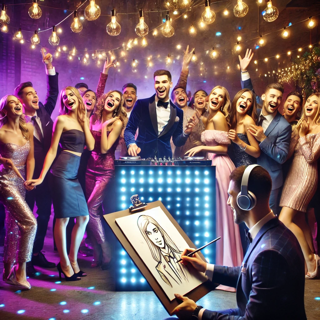 High-energy wedding reception with a live DJ, dancing guests, and a sketch artist drawing portraits under twinkling string lights. A perfect mix of modern wedding entertainment