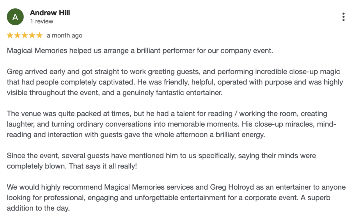 Google review from a corporate event client recommending magician Greg Holroyd